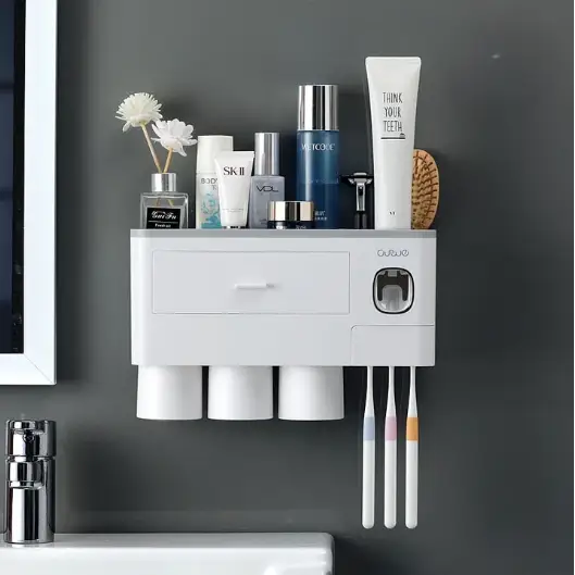 Porte brosse à dents mural - Distributeur automatique de dentifrice Support Triple 3 Tasses / Gris