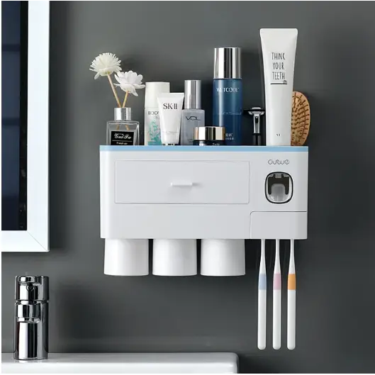 Porte brosse à dents mural - Distributeur automatique de dentifrice Support Triple 3 Tasses / Bleu
