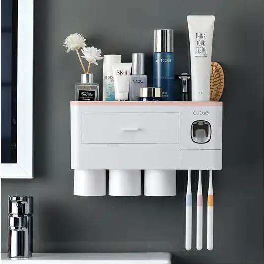 Porte brosse à dents mural - Distributeur automatique de dentifrice Support Triple 3 Tasses / Rose