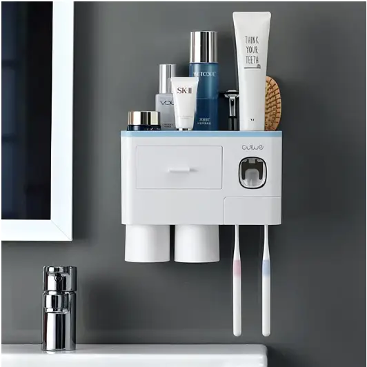 Porte brosse à dents mural - Distributeur automatique de dentifrice Support Duo 2 Tasses / Bleu