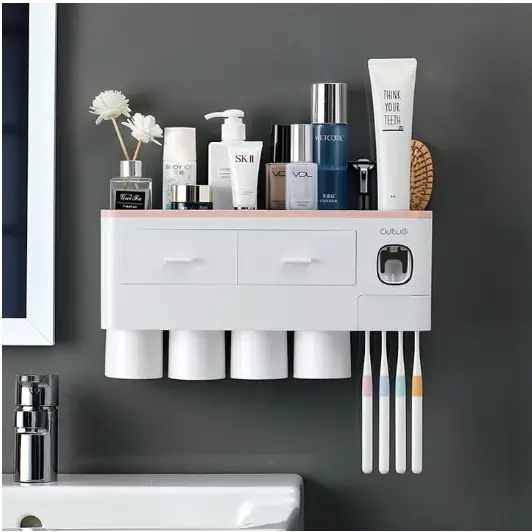 Porte brosse à dents mural - Distributeur automatique de dentifrice Support Familial 4 Tasses / Rose