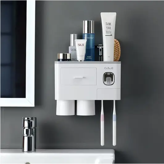 Porte brosse à dents mural - Distributeur automatique de dentifrice Support Duo 2 Tasses / Gris