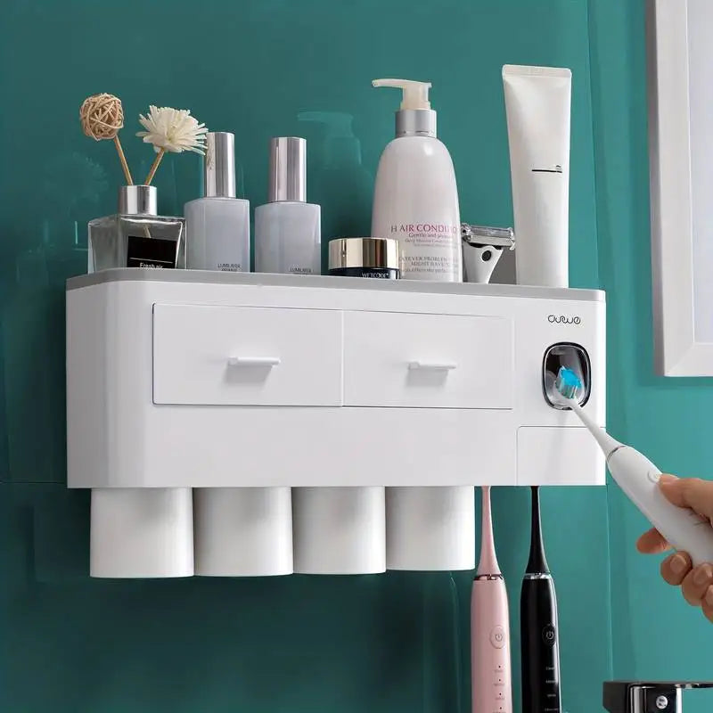Porte brosse à dents mural - Distributeur automatique de dentifrice Support Duo 2 Tasses / Rose