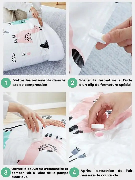 Sac de rangement sous vide réutilisable + Pompe électrique puissante incluse