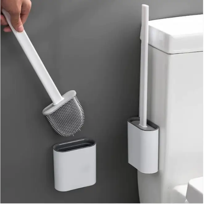 Brosse WC en Silicone avec Manche Longue & Patch Mural - Moderne et Hygiénique