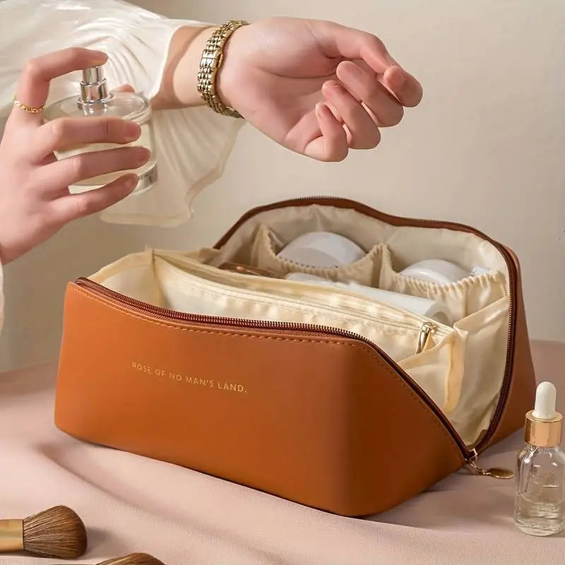 GlamourBox - Trousse de Toilette Élégante à Grande Capacité Marron