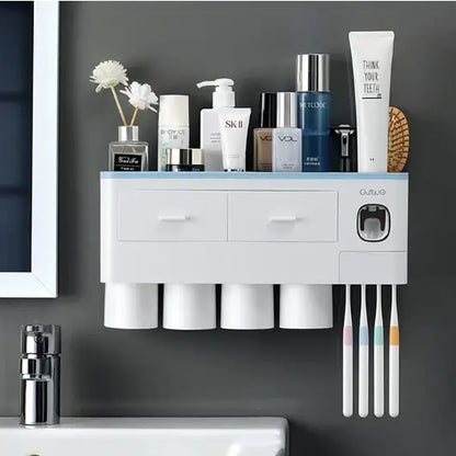 Porte brosse à dents mural - Distributeur automatique de dentifrice Support Familial 4 Tasses / Bleu