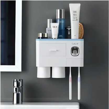 Porte brosse à dents mural - Distributeur automatique de dentifrice Support Duo 2 Tasses / Bleu