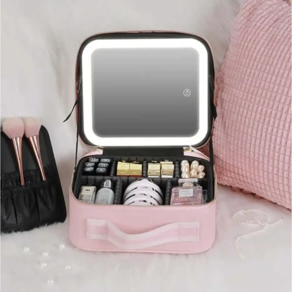 Trousse de Maquillage avec Miroir à LED - Rose